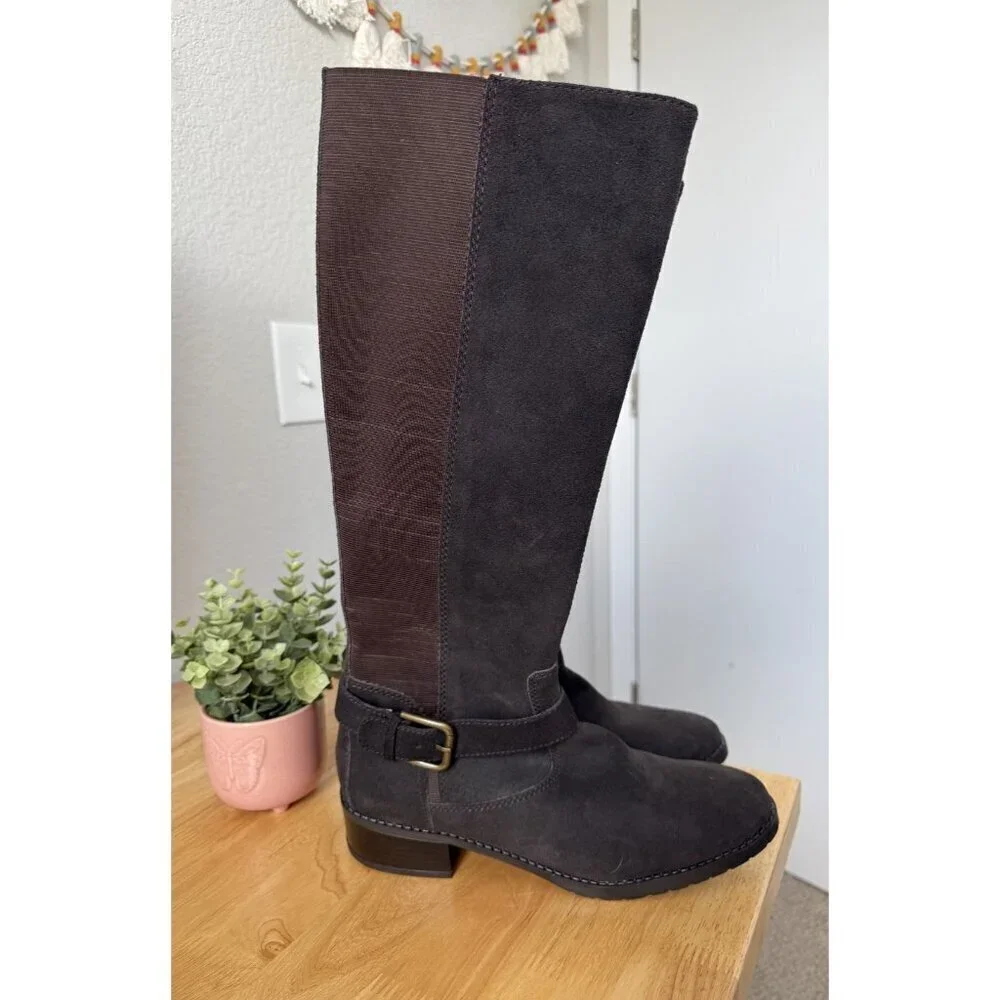 DONALD J PLINER Beso Brushed Suede Knee High Riding Buckle Boots Brown Western